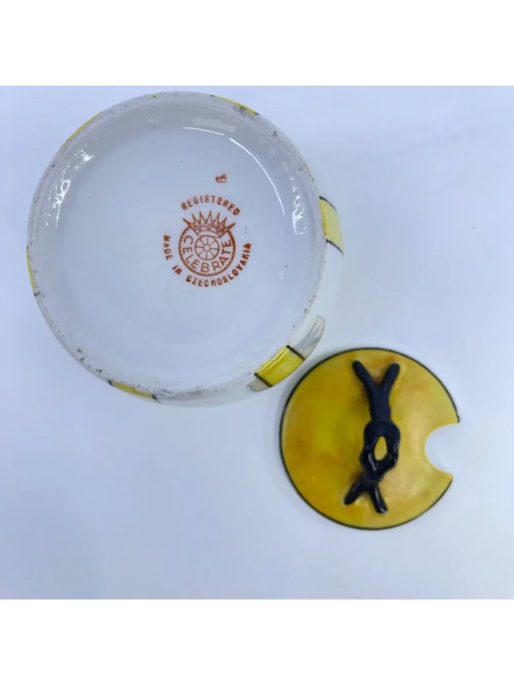 vintage ceramic condiment jar with lid & saucer hand-painted geometric pattern
